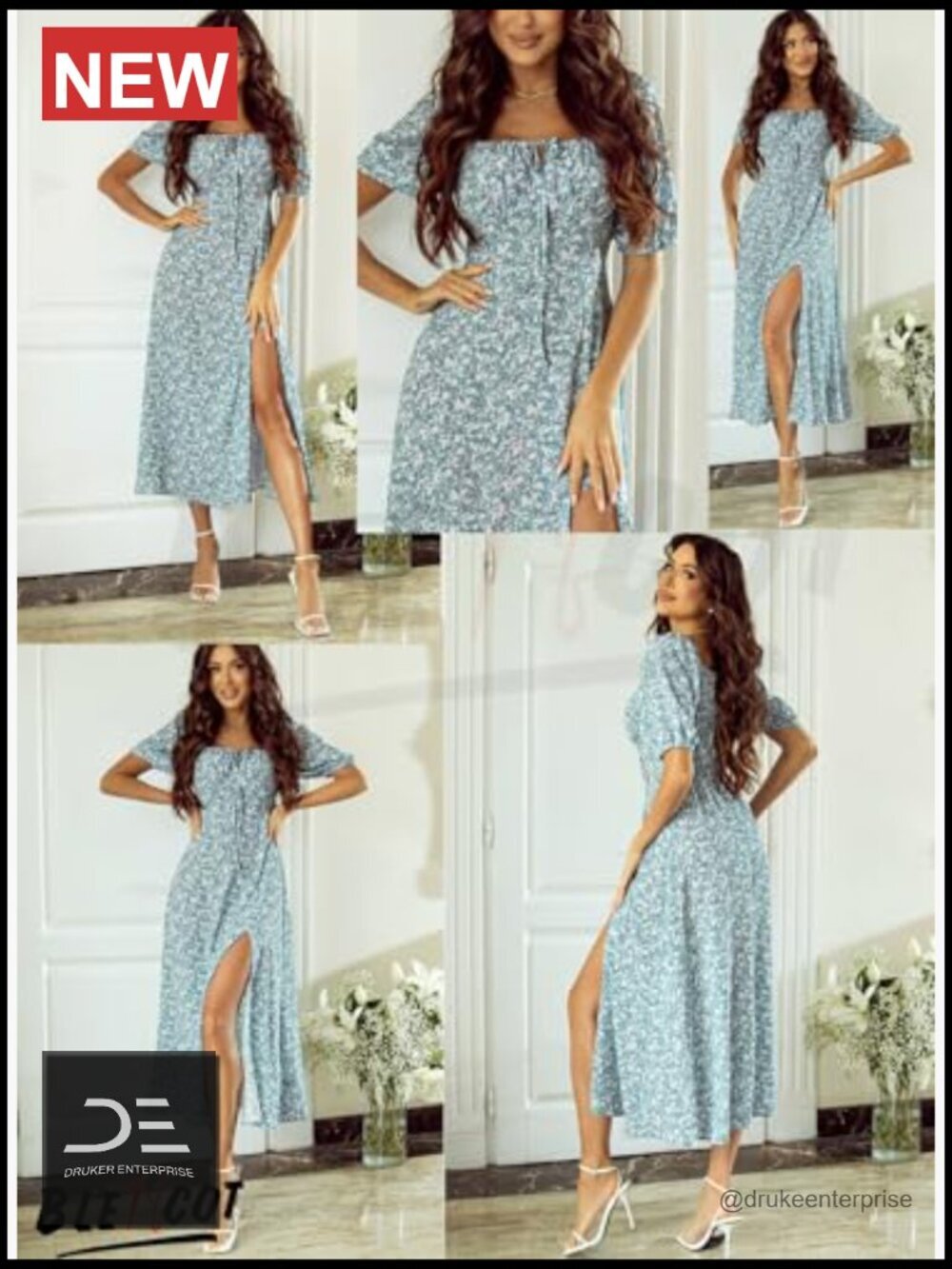 Square Neck Puff Short Sleeve High Waist Midi Dress with Side Slit - Picture 5 of 7